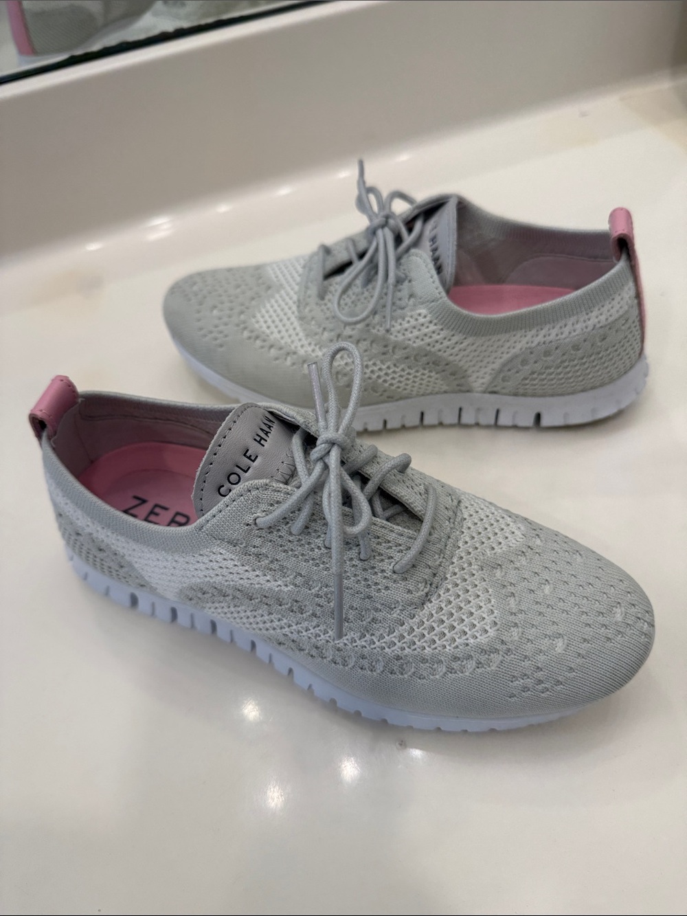 Cole Haan Light Gray Knit Lace-Up Sneakers with Pink Accents